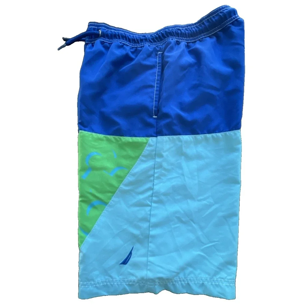 Nautica Boys Large 14 16 Blue Green White Colorblock Swim Shorts Trunk 3 pockets